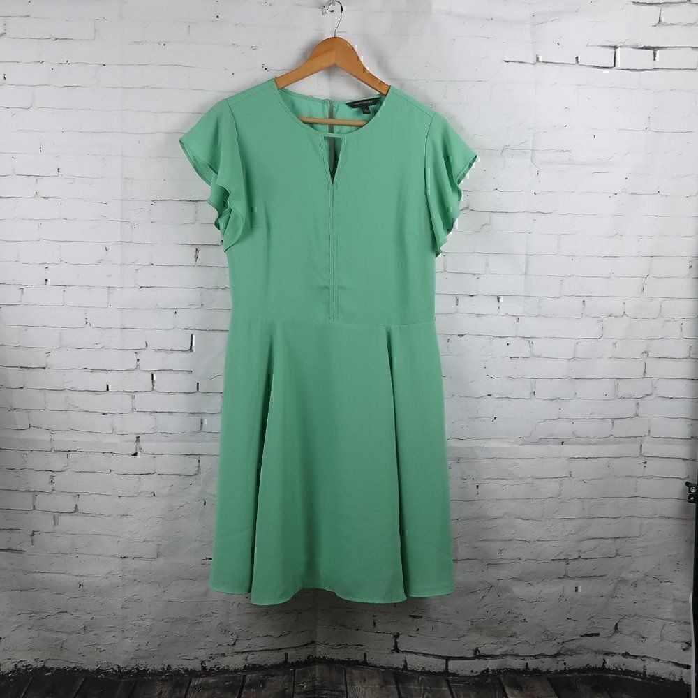 BANANA REPUBLIC GREEN ROUND NECK RUFFLE SLEEVE FIT & FLARE MIDI DRESS SIZE 6